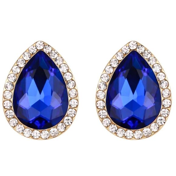 Yellow Gold with Sapphire and Diamond Austrian Crystal Teardrop Stud Earrings - Picture 1 of 5